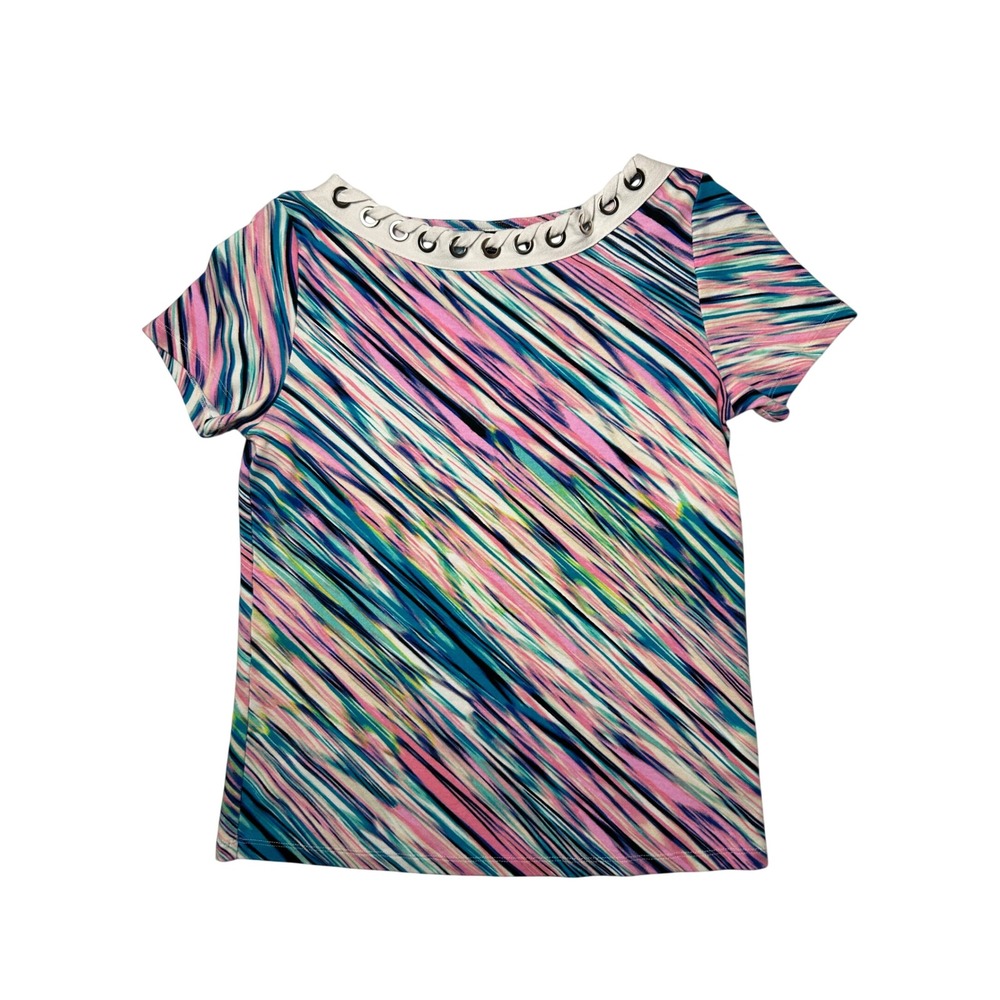 Rafaella Abstract Diagonal Stripe Grommet Scoop Neck‎ Cotton Top Y2K Bold Medium